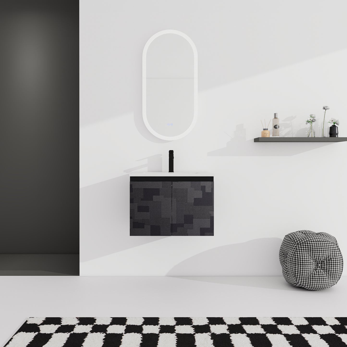 Modern black mosaic vanity cabinet with a textured geometric pattern fitting a contemporary bathroom