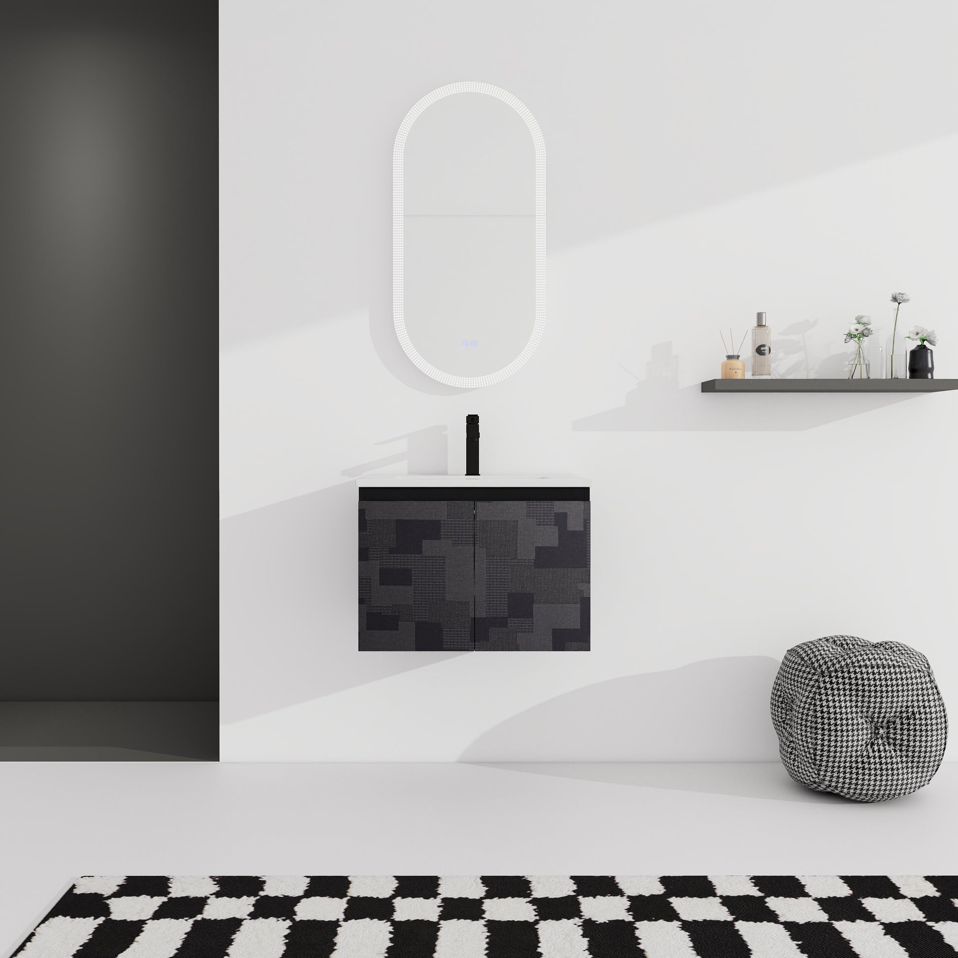 Modern black mosaic vanity cabinet with a textured geometric pattern fitting a contemporary bathroom