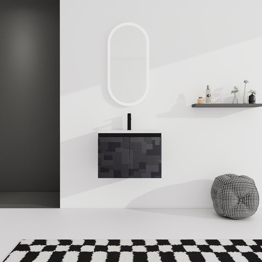 Modern black mosaic vanity cabinet with a textured geometric pattern fitting a contemporary bathroom