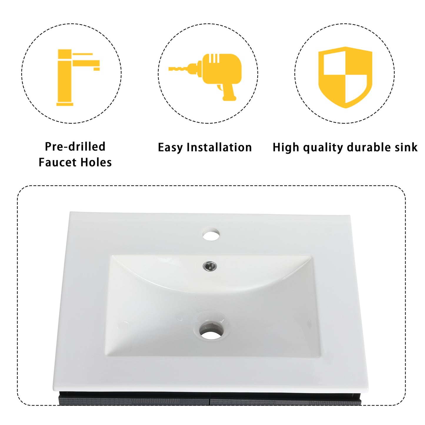 White ceramic bathroom sink with one faucet hole and drain