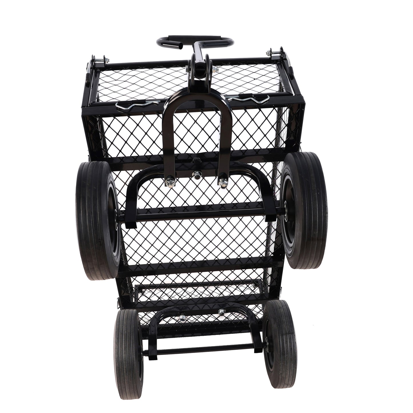 Black mesh garden cart with four wheels and a black handle for easy transport
