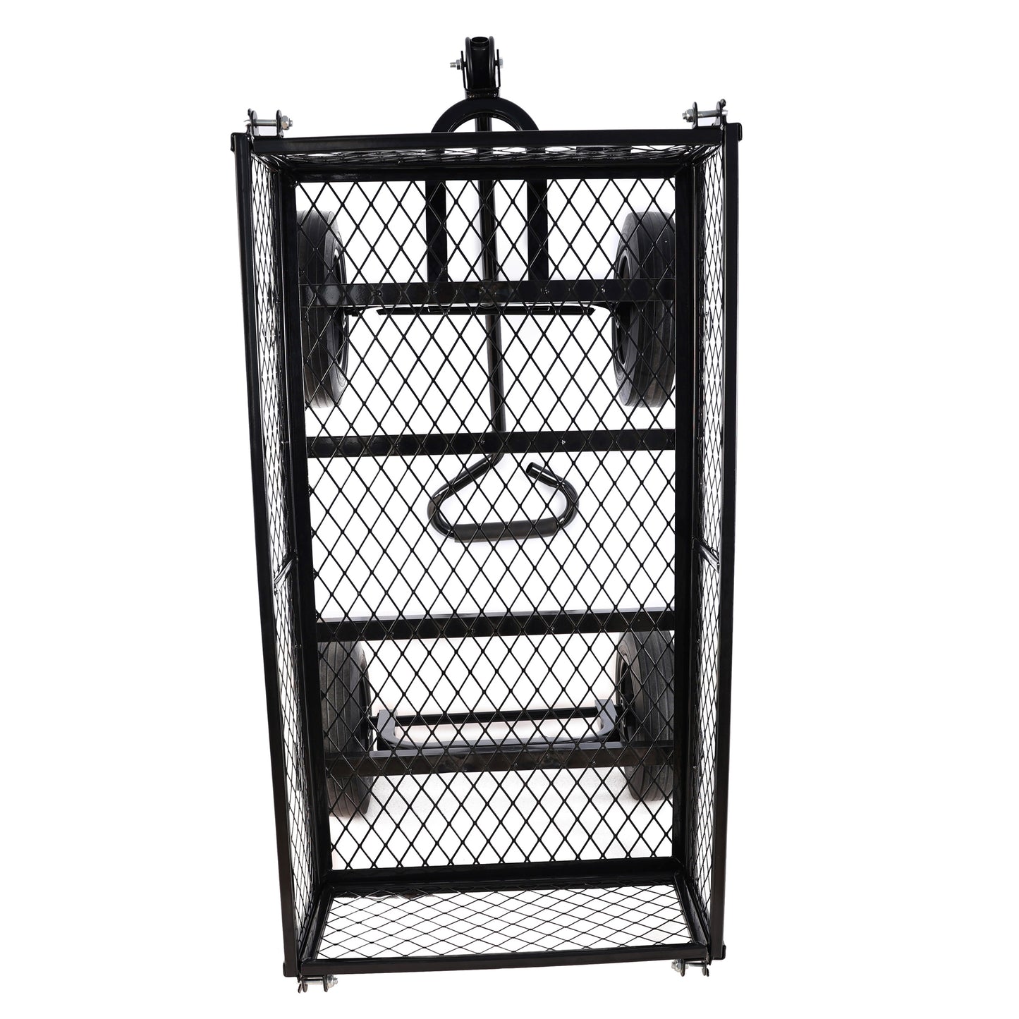 Black metal utility cart with a mesh cage and four sturdy wheels for hauling garden supplies