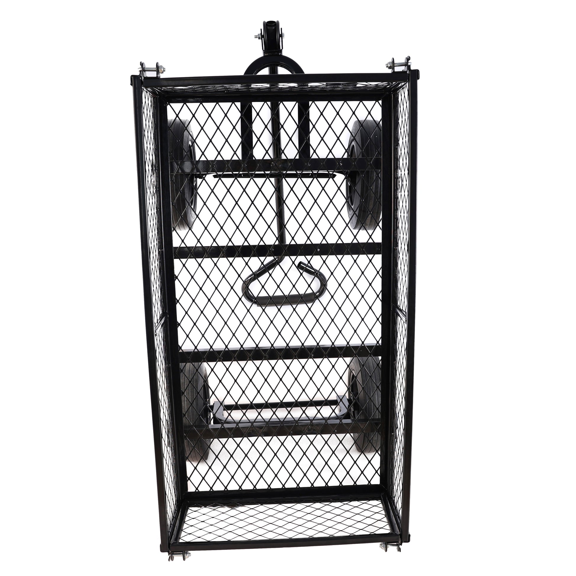 Black metal utility cart with a mesh cage and four sturdy wheels for hauling garden supplies