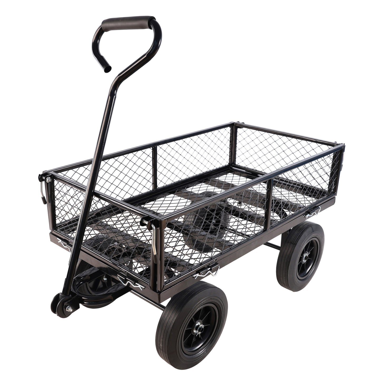 Black metal garden wagon with mesh sides and a wide handle for easy transport