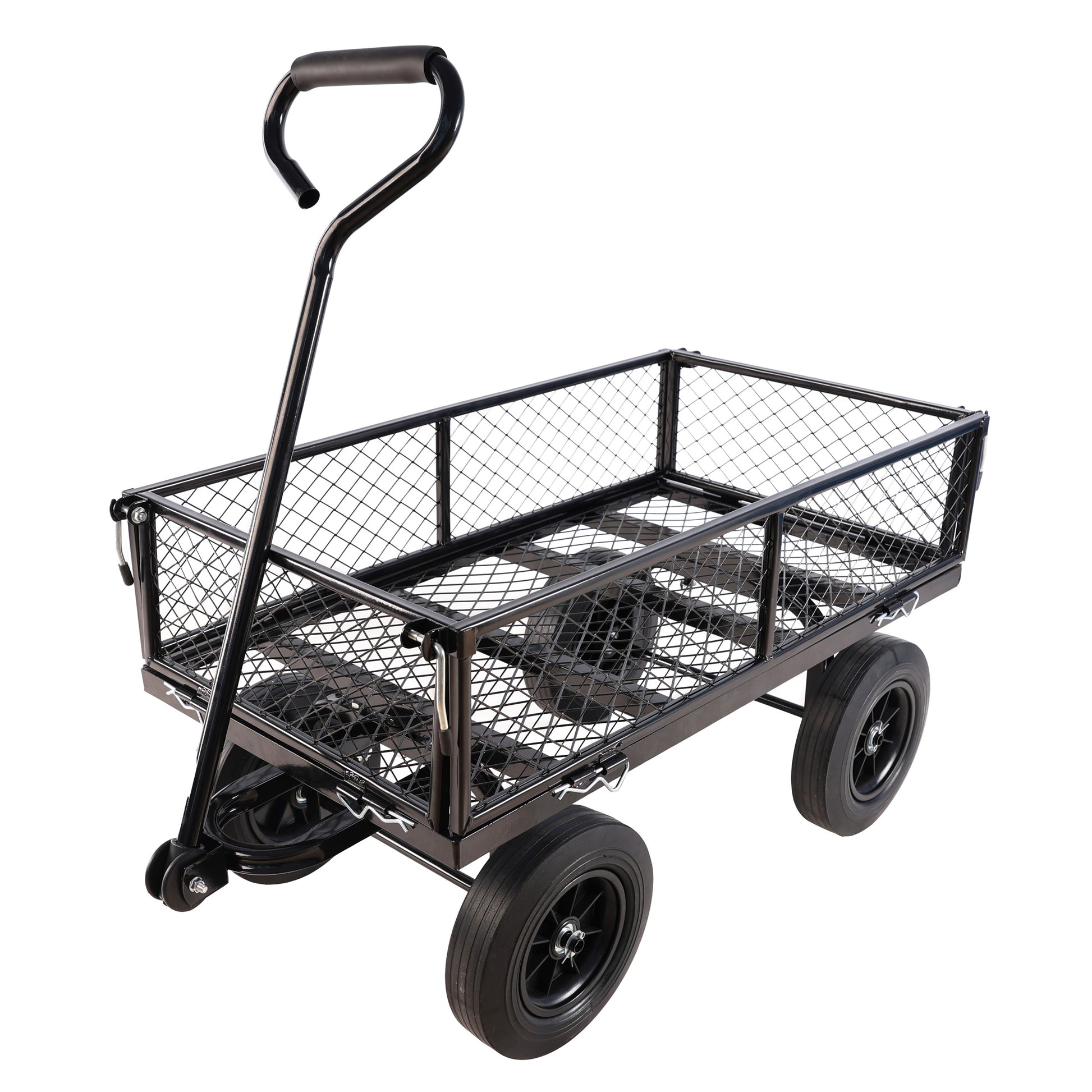 Black metal garden wagon with mesh sides and a wide handle for easy transport