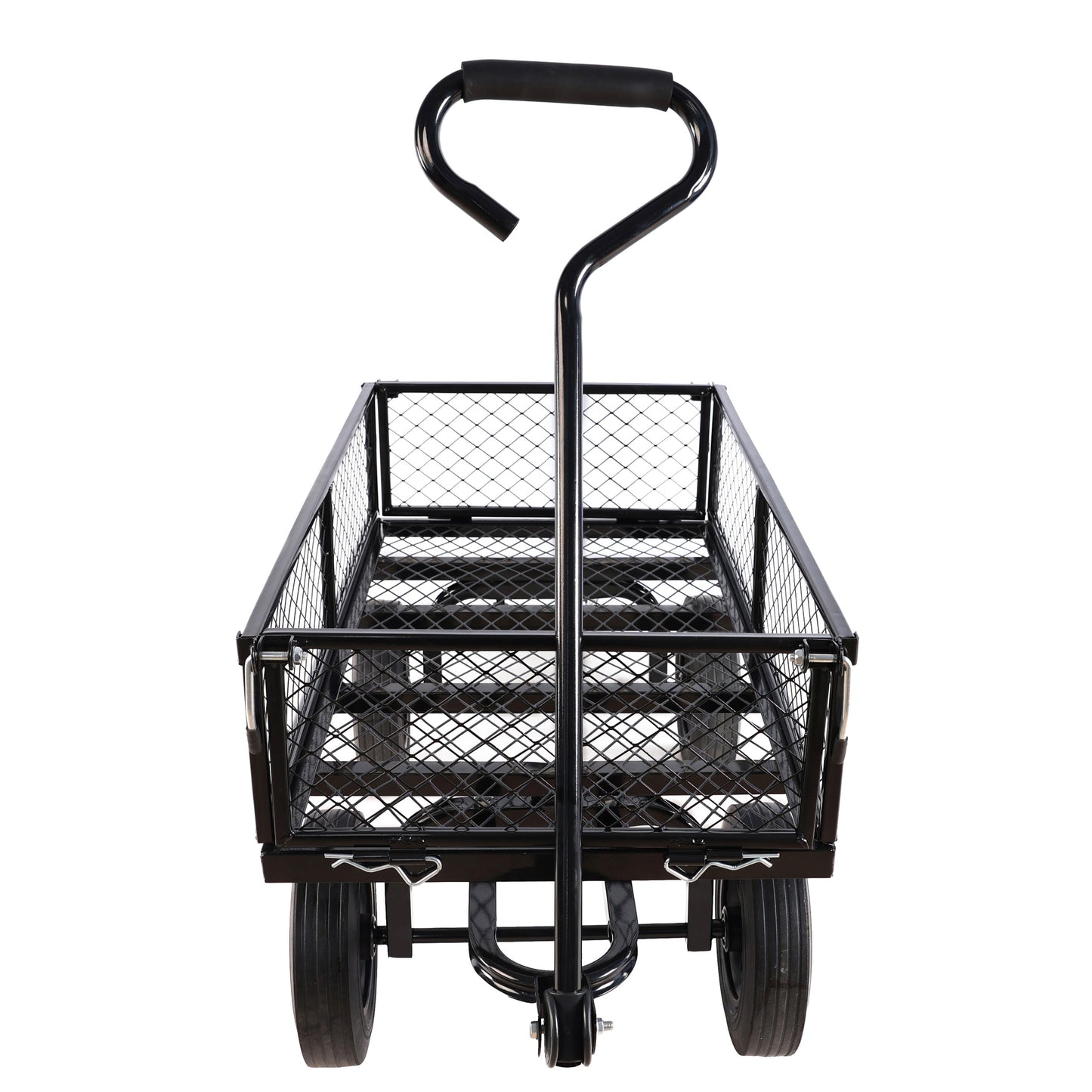 Black metal garden cart with large wheels and padded pull handle perfect for hauling
