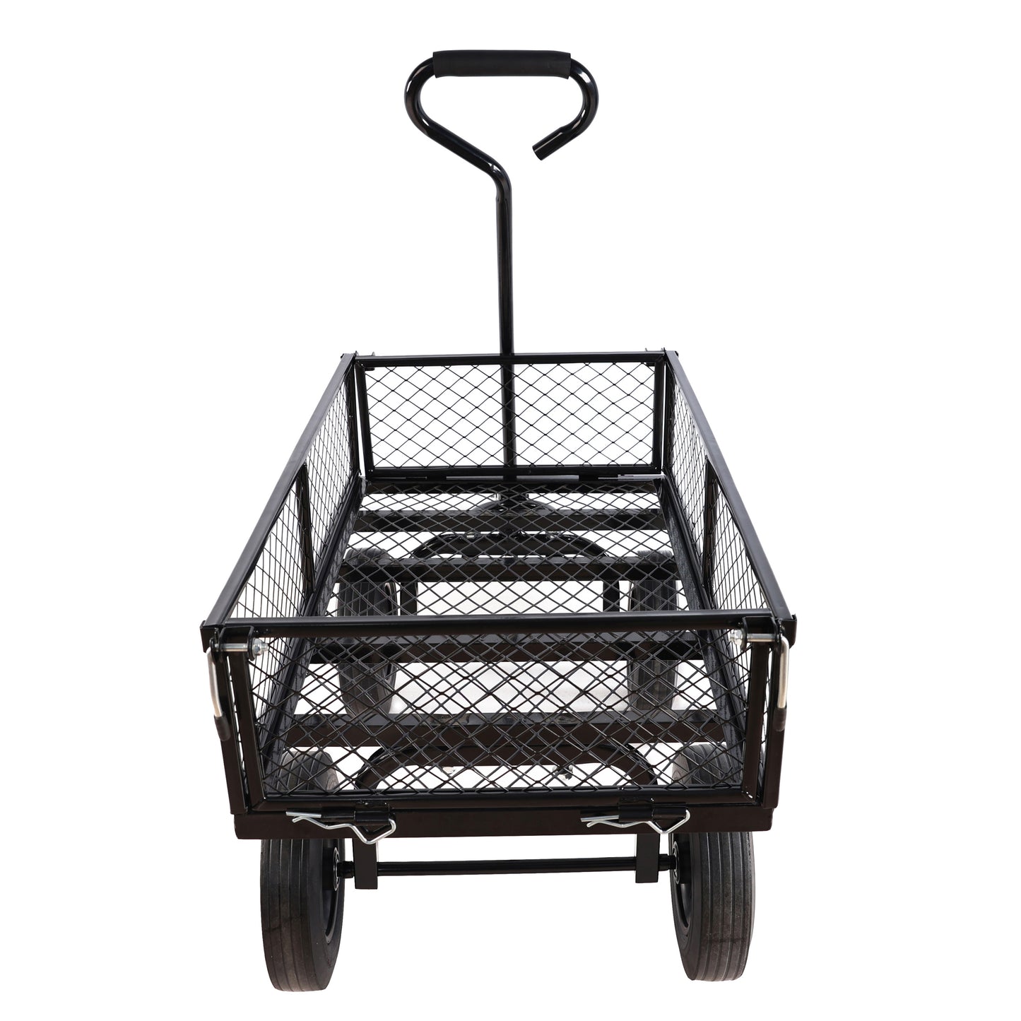 Black steel garden wagon with mesh bed and padded handle