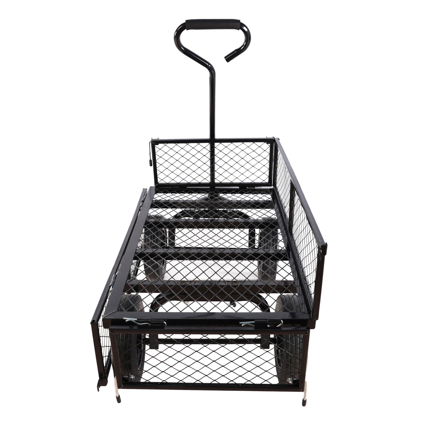 Black metal garden cart with large wheels and mesh sides for hauling supplies