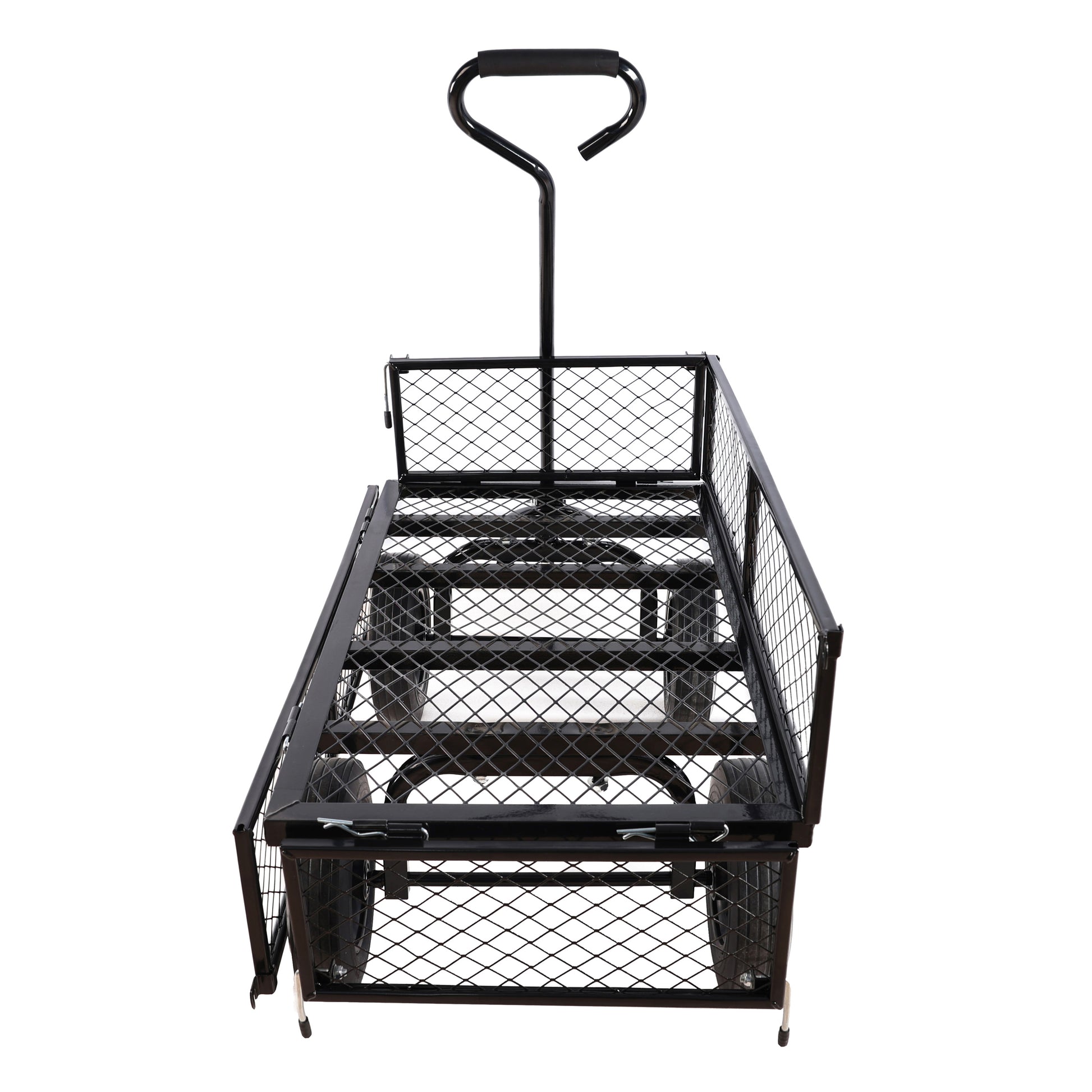 Black metal garden cart with large wheels and mesh sides for hauling supplies