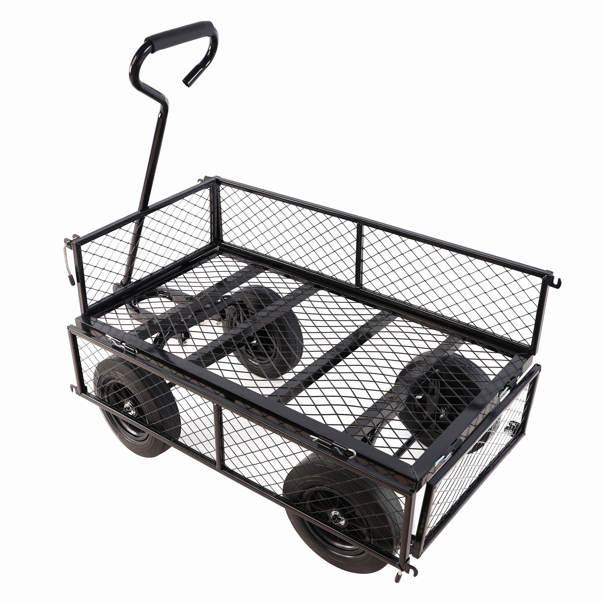 Black metal garden wagon with four wheels and a padded handle for easy transport