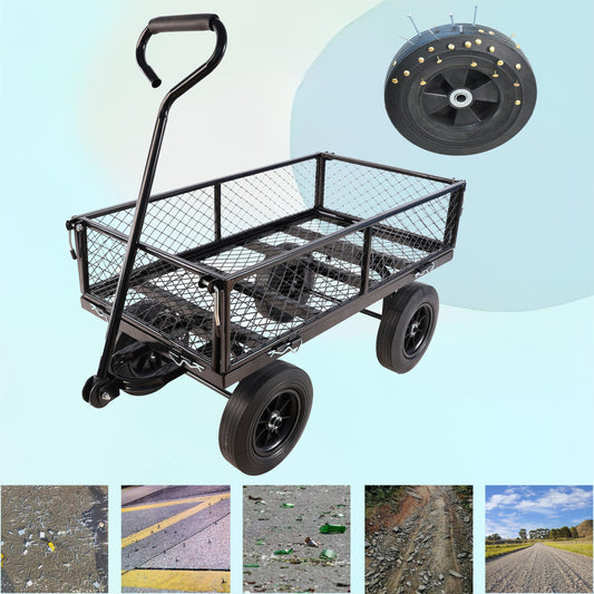 Black metal garden wagon with mesh bed and padded handle ideal for yard work
