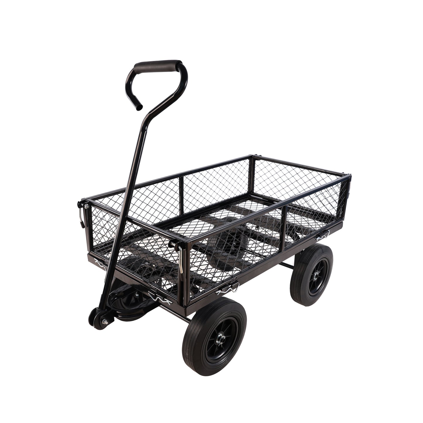 Black steel garden wagon with mesh sides and four black wheels