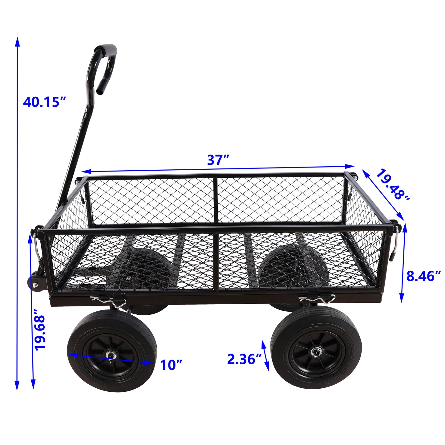 Black steel garden wagon with mesh sides and four black wheels for hauling yard debris