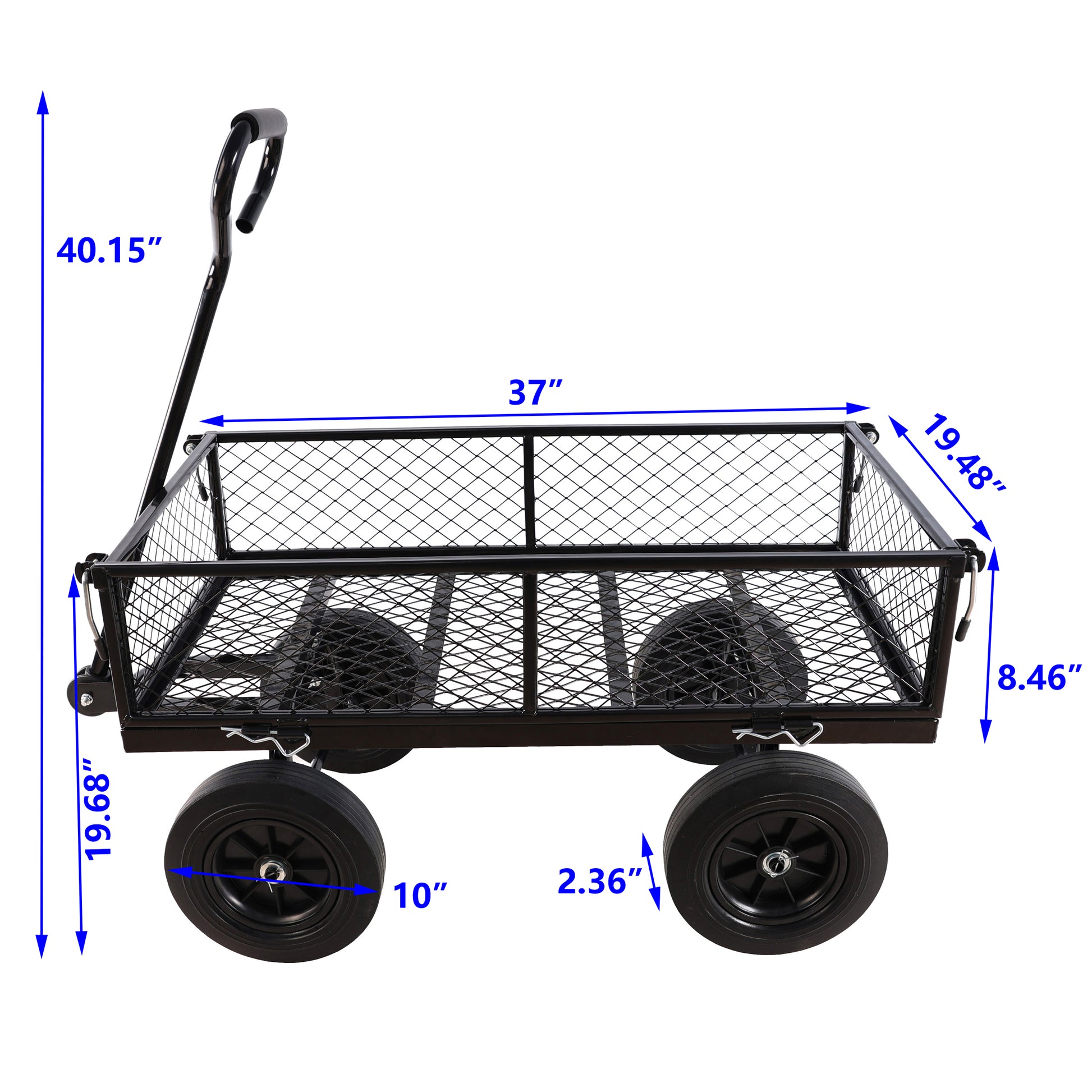 Black steel garden wagon with mesh sides and four black wheels for hauling yard debris