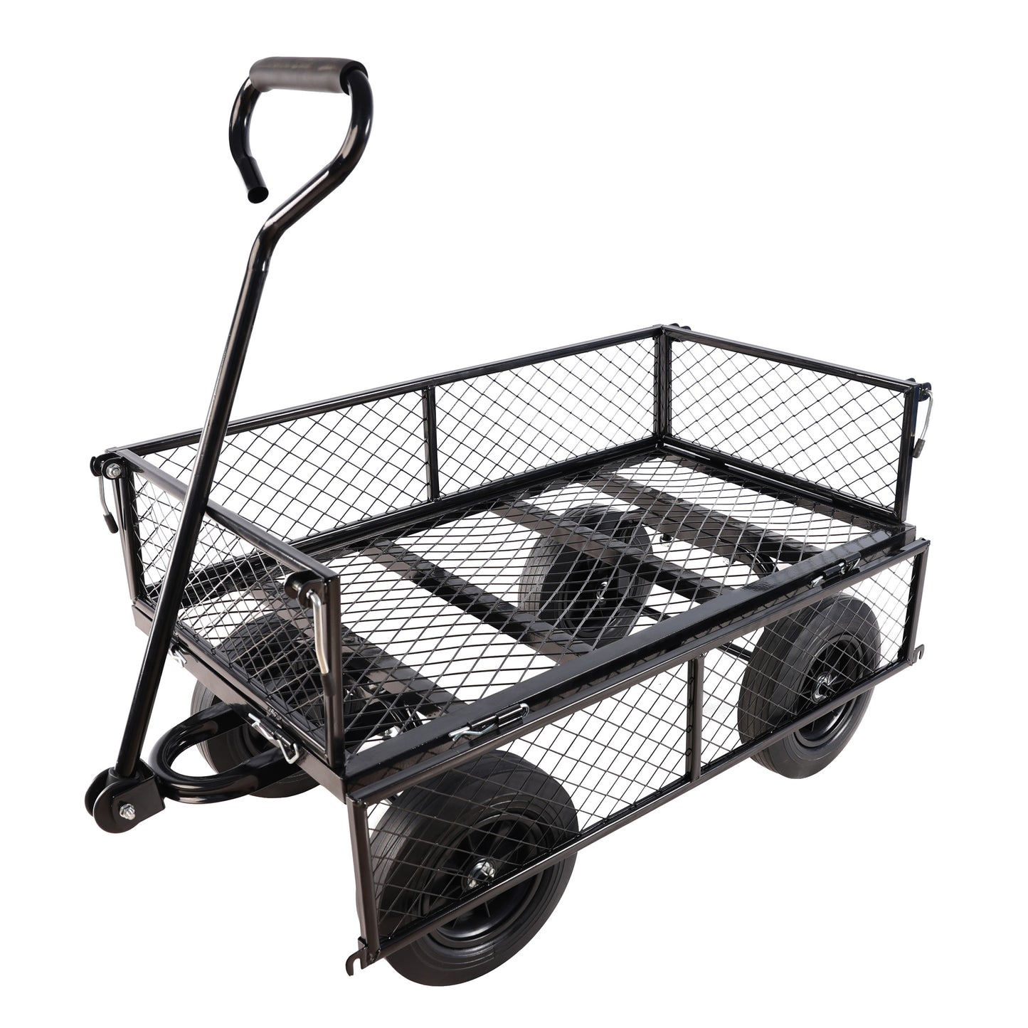 Black metal garden wagon with mesh bed and black wheels for hauling supplies