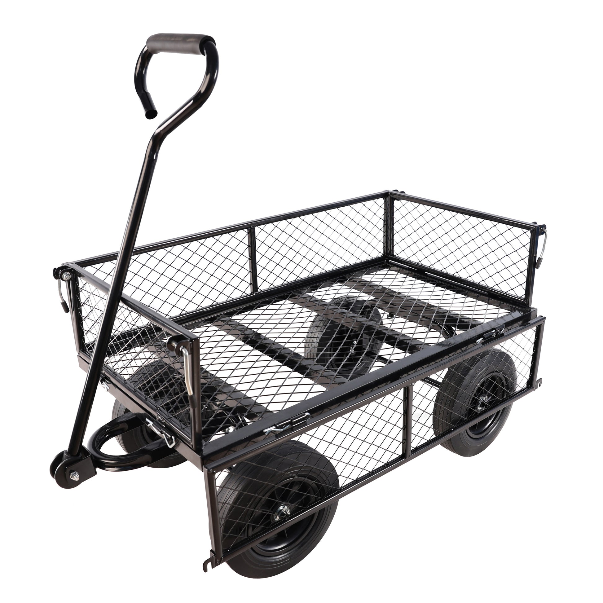 Black metal garden wagon with mesh bed and black wheels for hauling supplies
