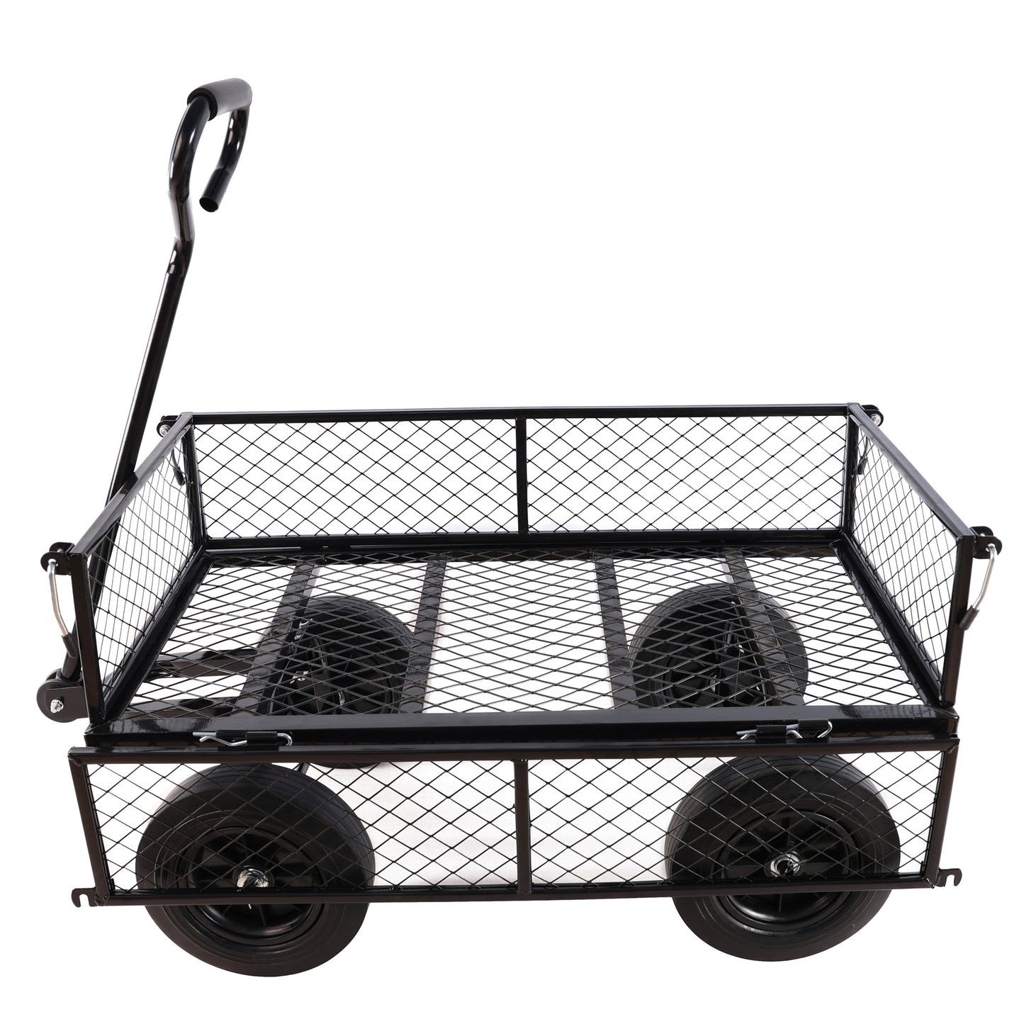 Black metal garden wagon with mesh sides and four wheels