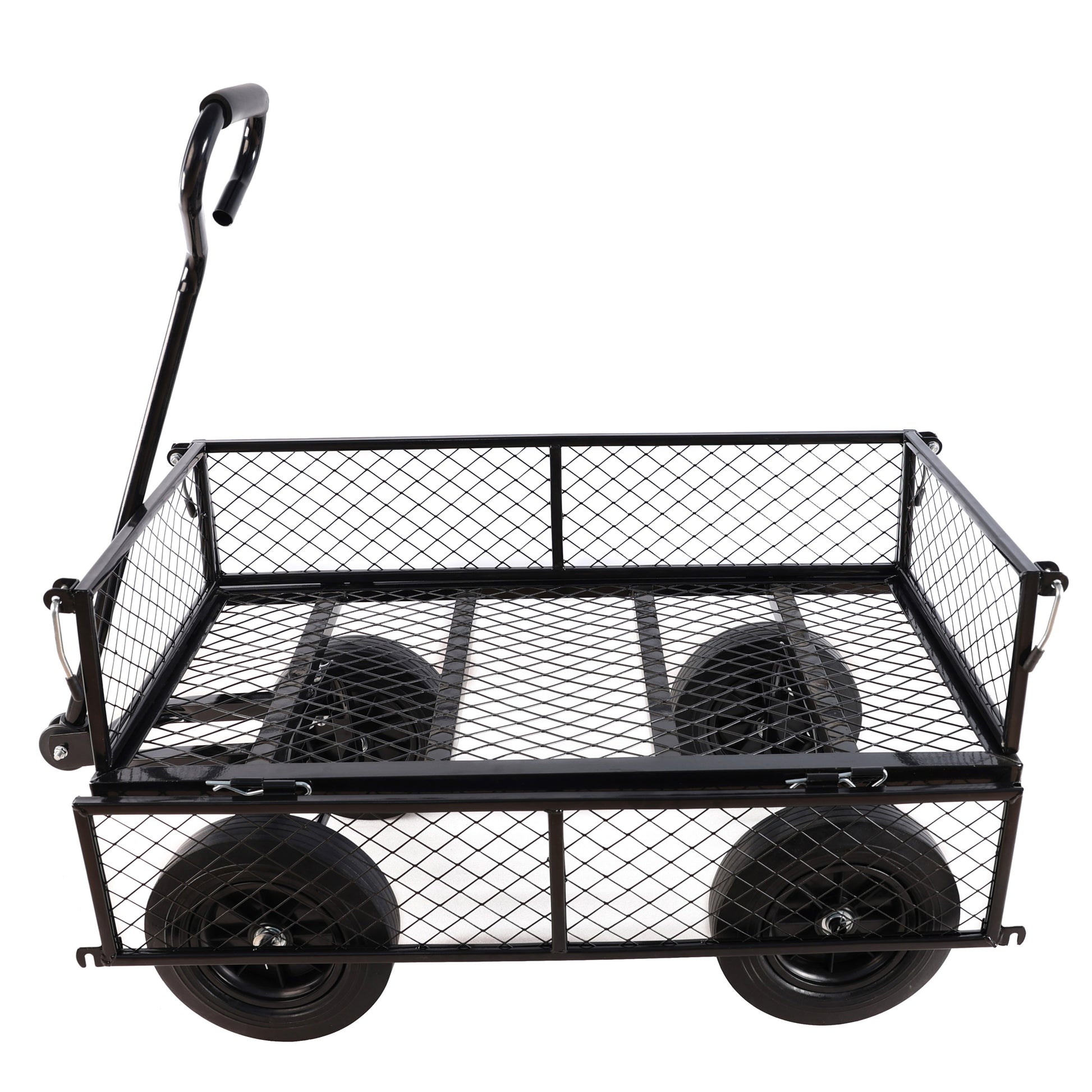Black metal garden wagon with mesh sides and four wheels