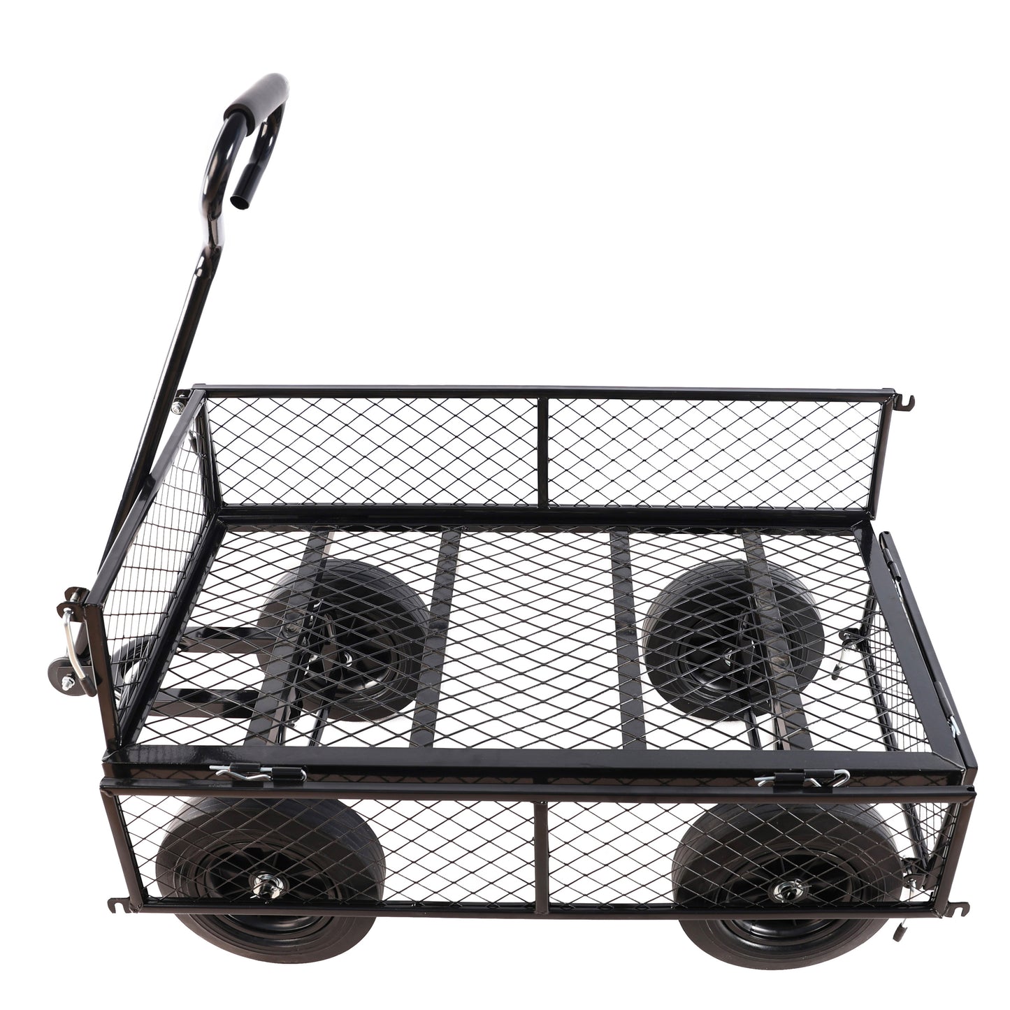 Black metal garden wagon with mesh sides and four wheels