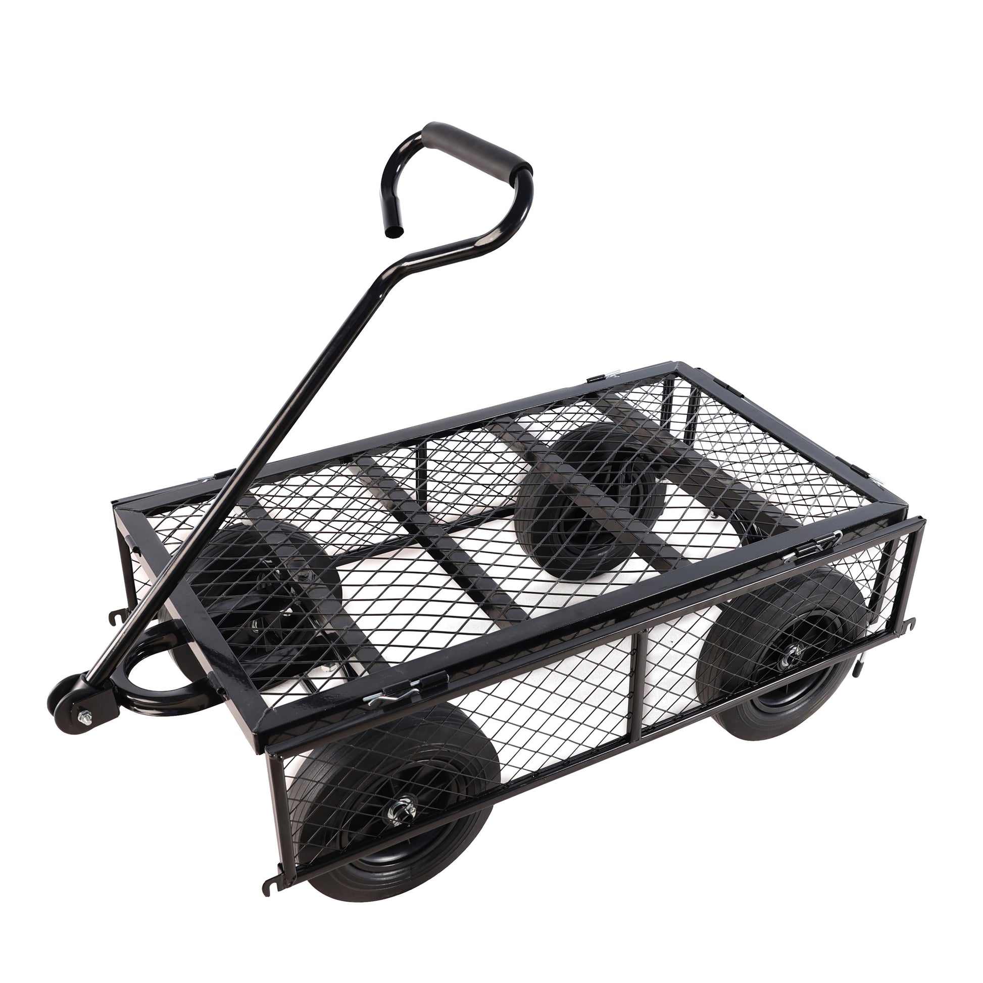 Black metal garden cart with four large pneumatic tires for outdoor hauling