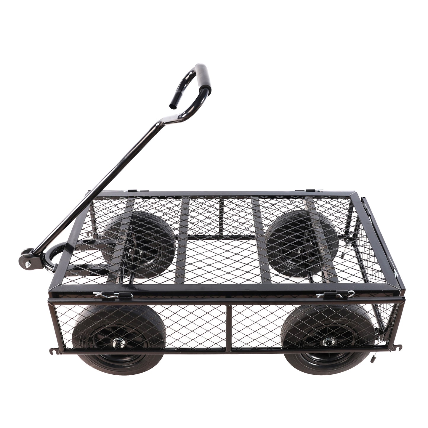 Black mesh garden wagon with large wheels and a telescoping handle ideal for hauling supplies