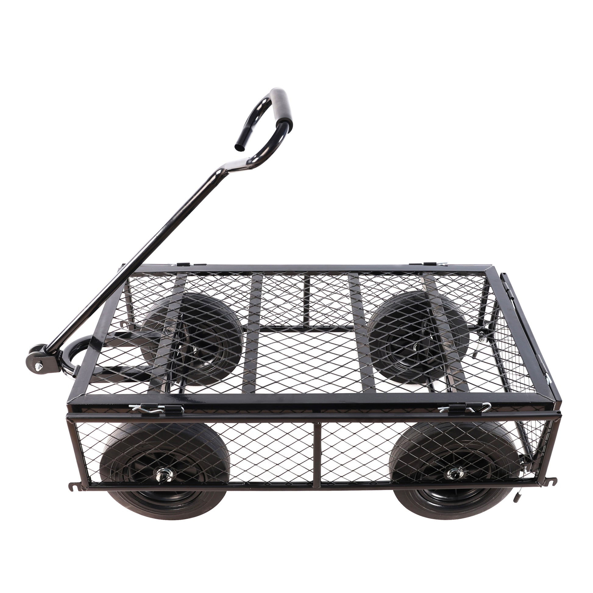 Black mesh garden wagon with large wheels and a telescoping handle ideal for hauling supplies