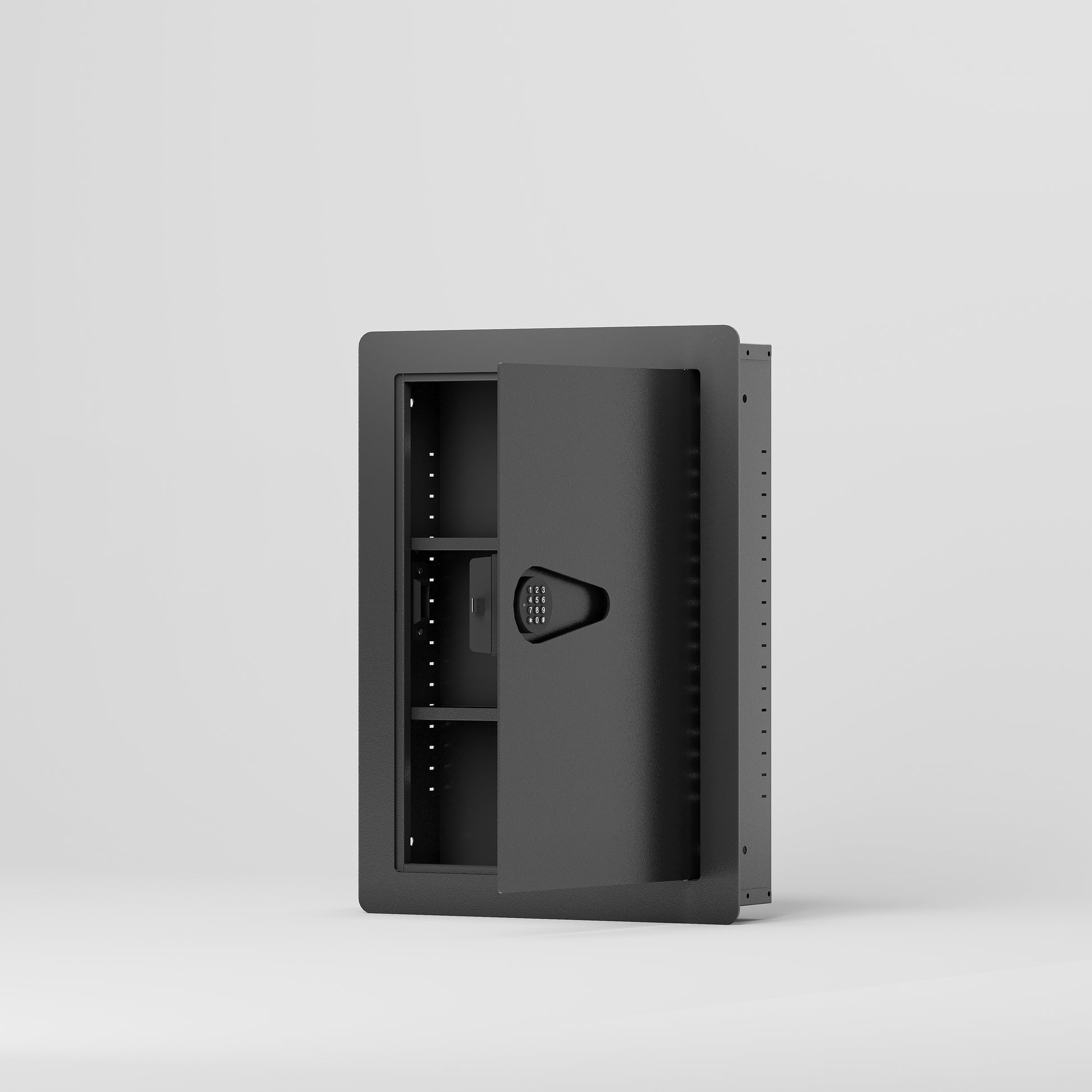 Black recessed safe with digital keypad and adjustable shelving for secure home storage