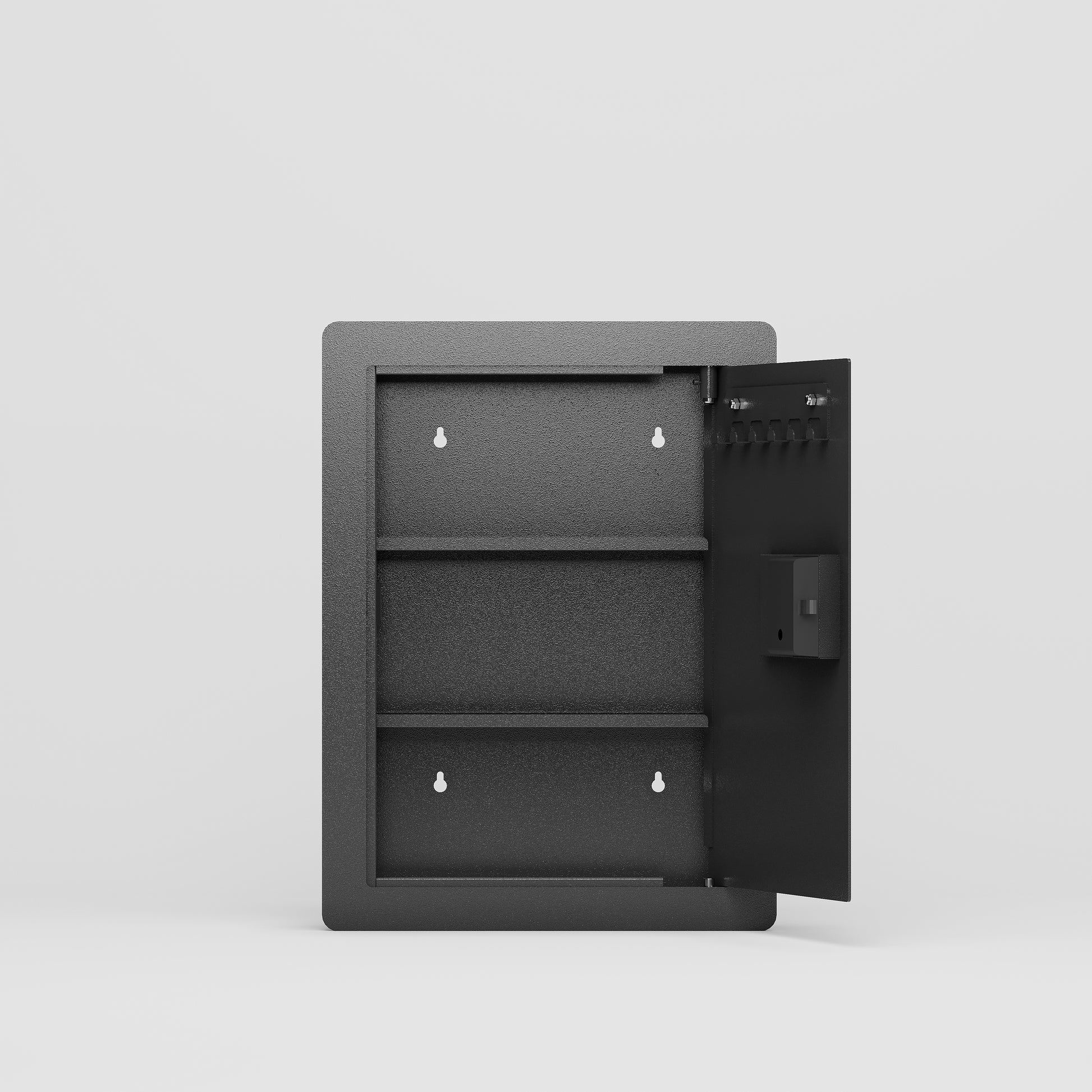 Black metal key organizer cabinet with two shelves and six hooks