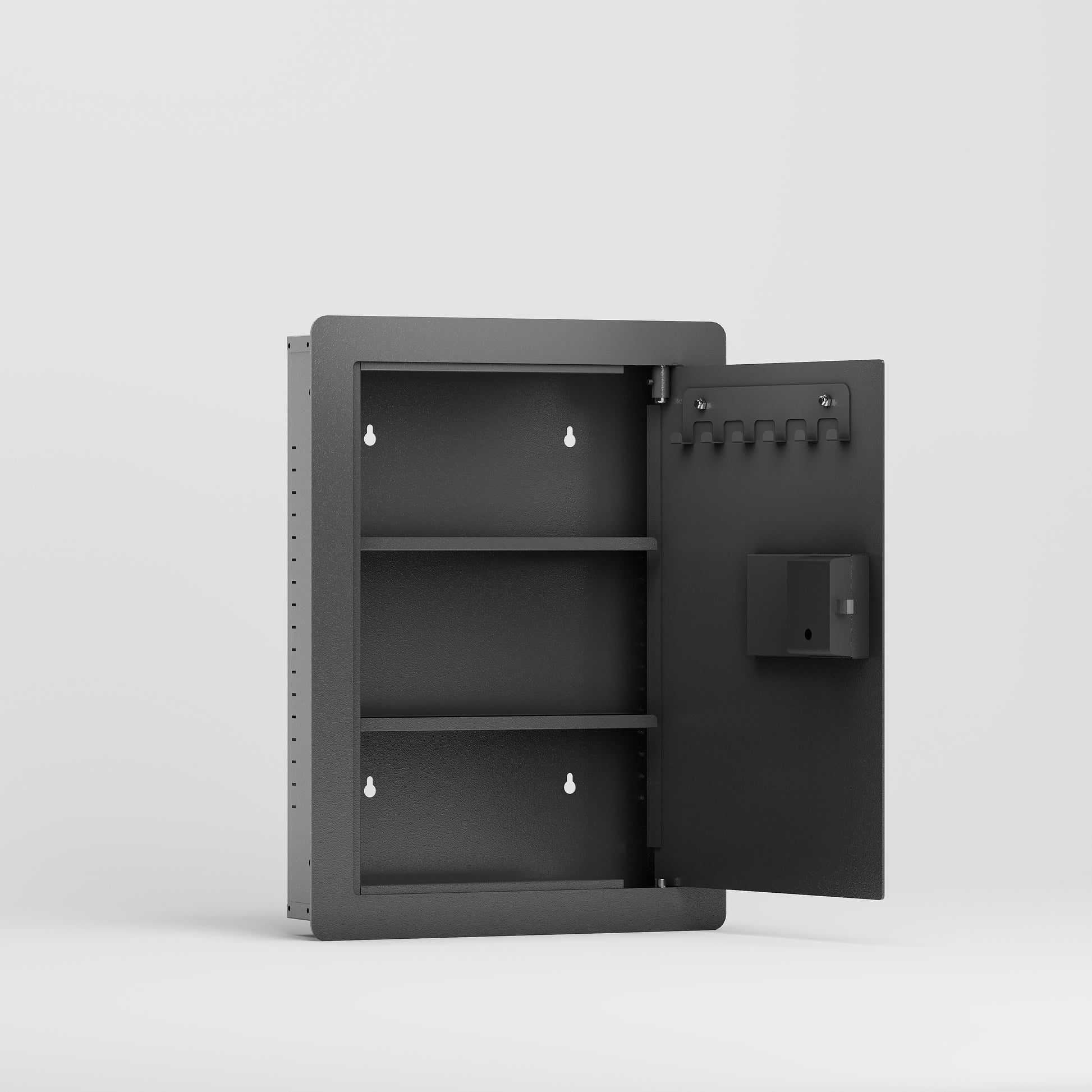 Black metal recessed medicine cabinet with three shelves and key hooks