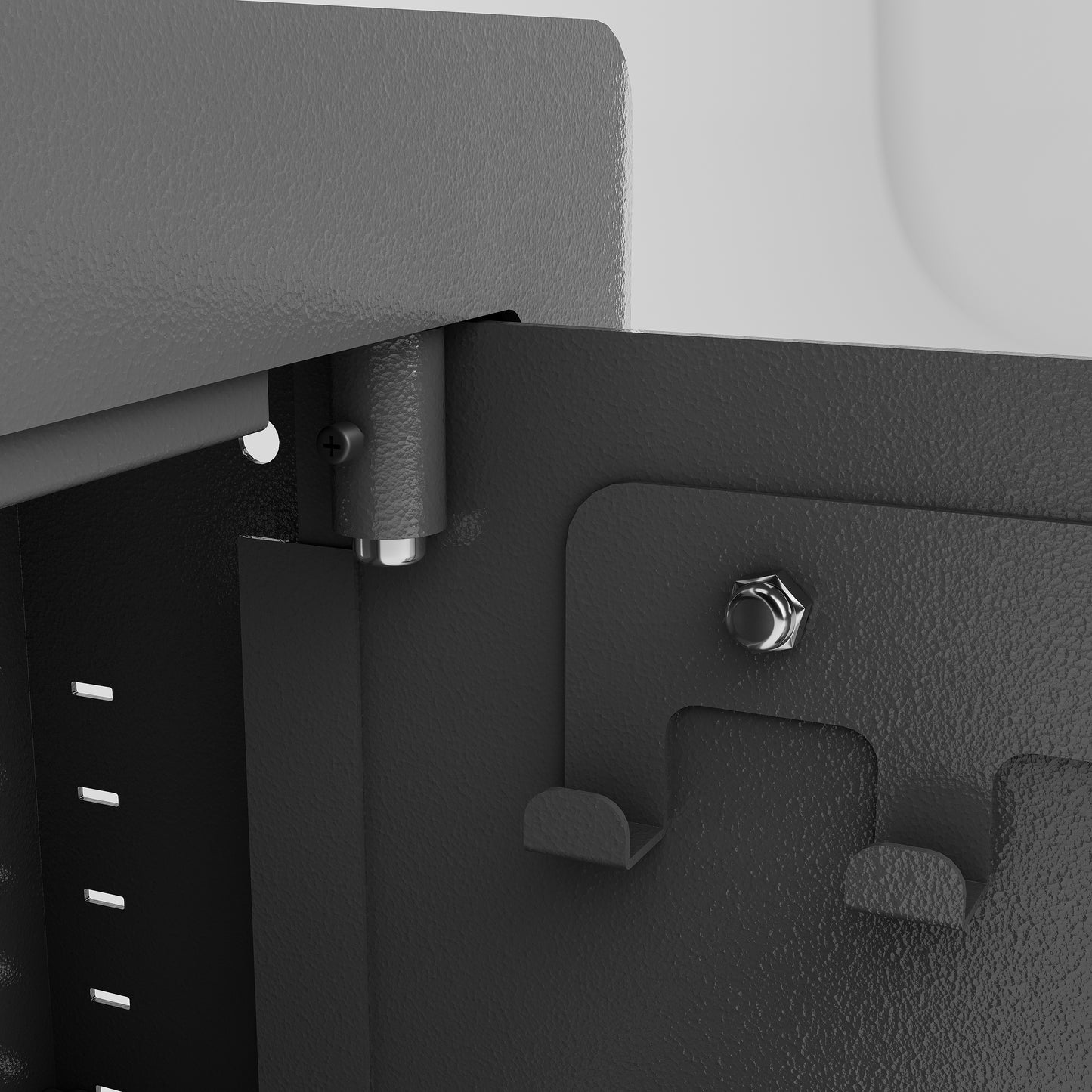 Closeup of a dark grey metal cabinet hinge and mounting screw
