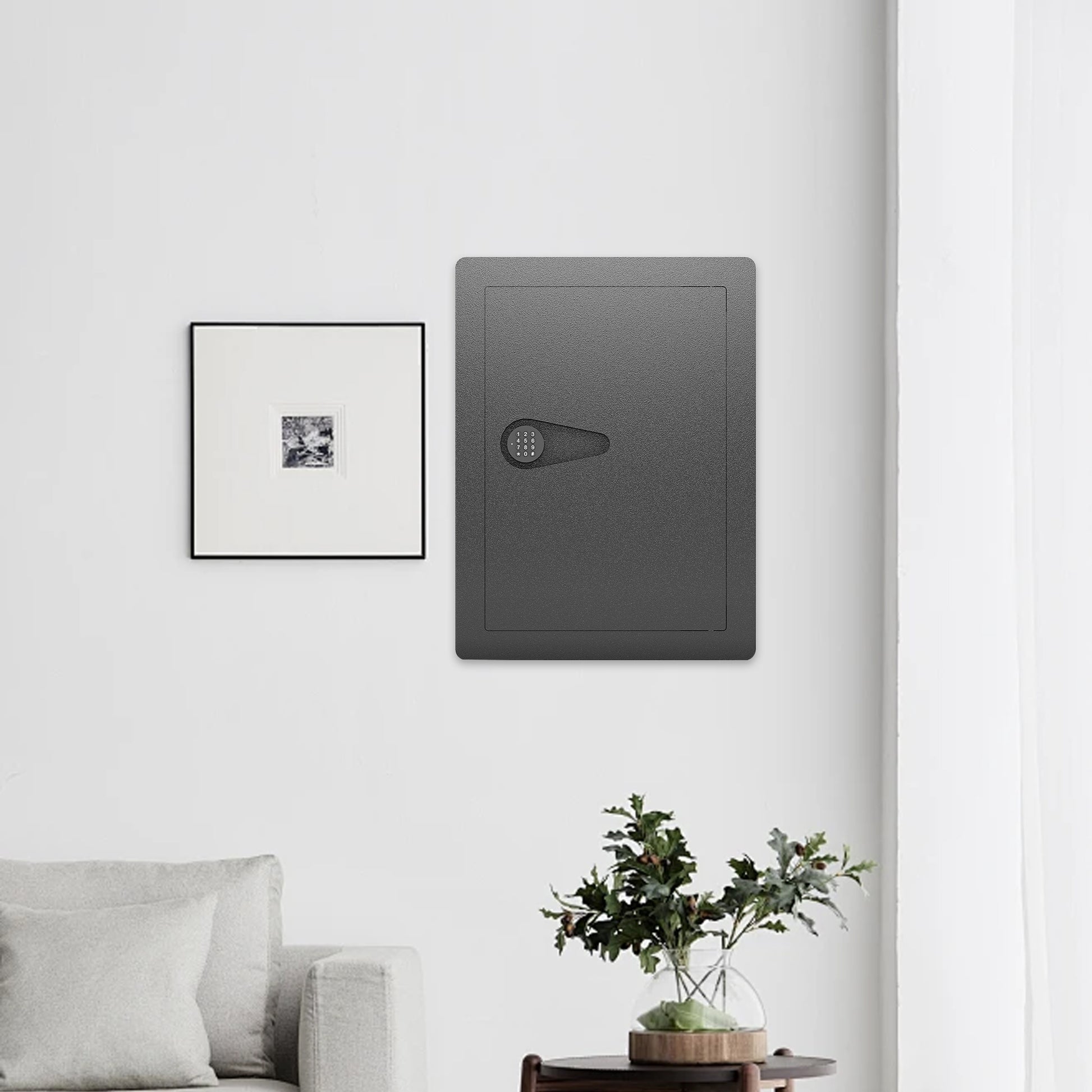 Dark gray wall safe with digital keypad offering secure home storage