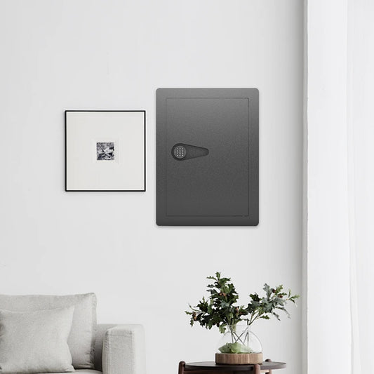Dark gray wall safe with digital keypad offering secure home storage