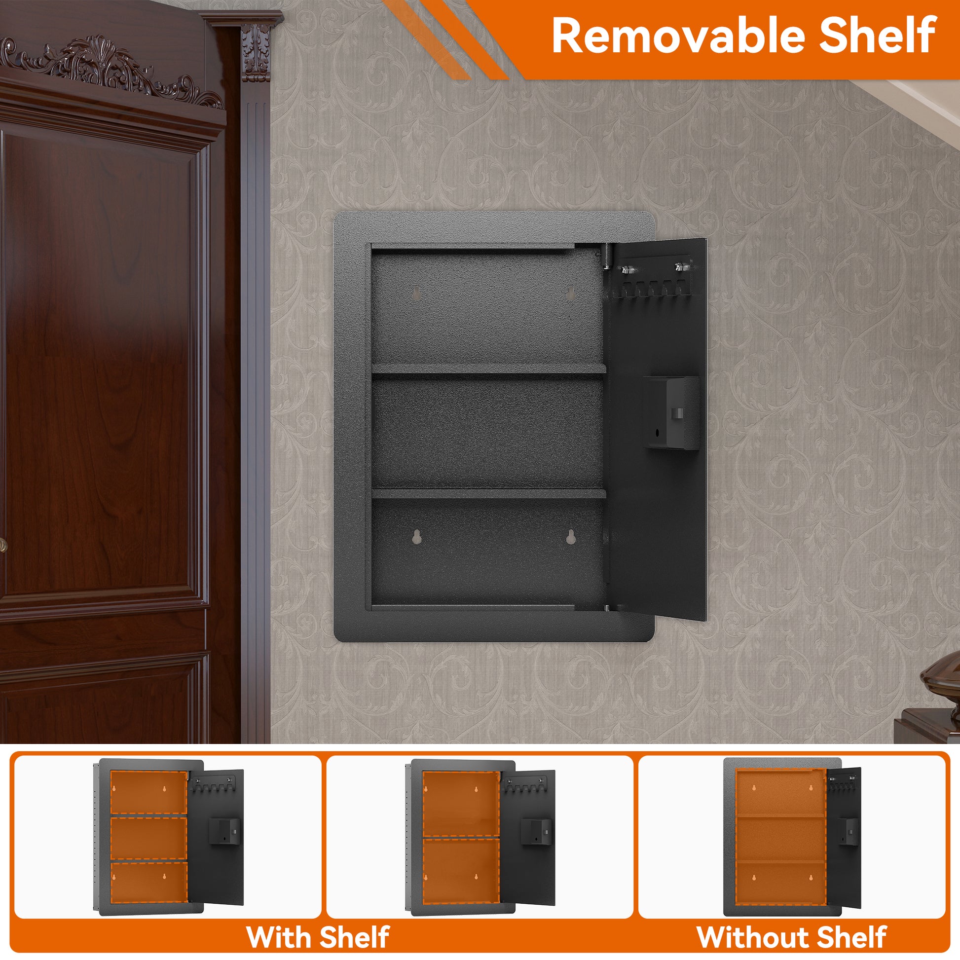 Grey metal wall safe with  removable shelves and a key rack inside  characters