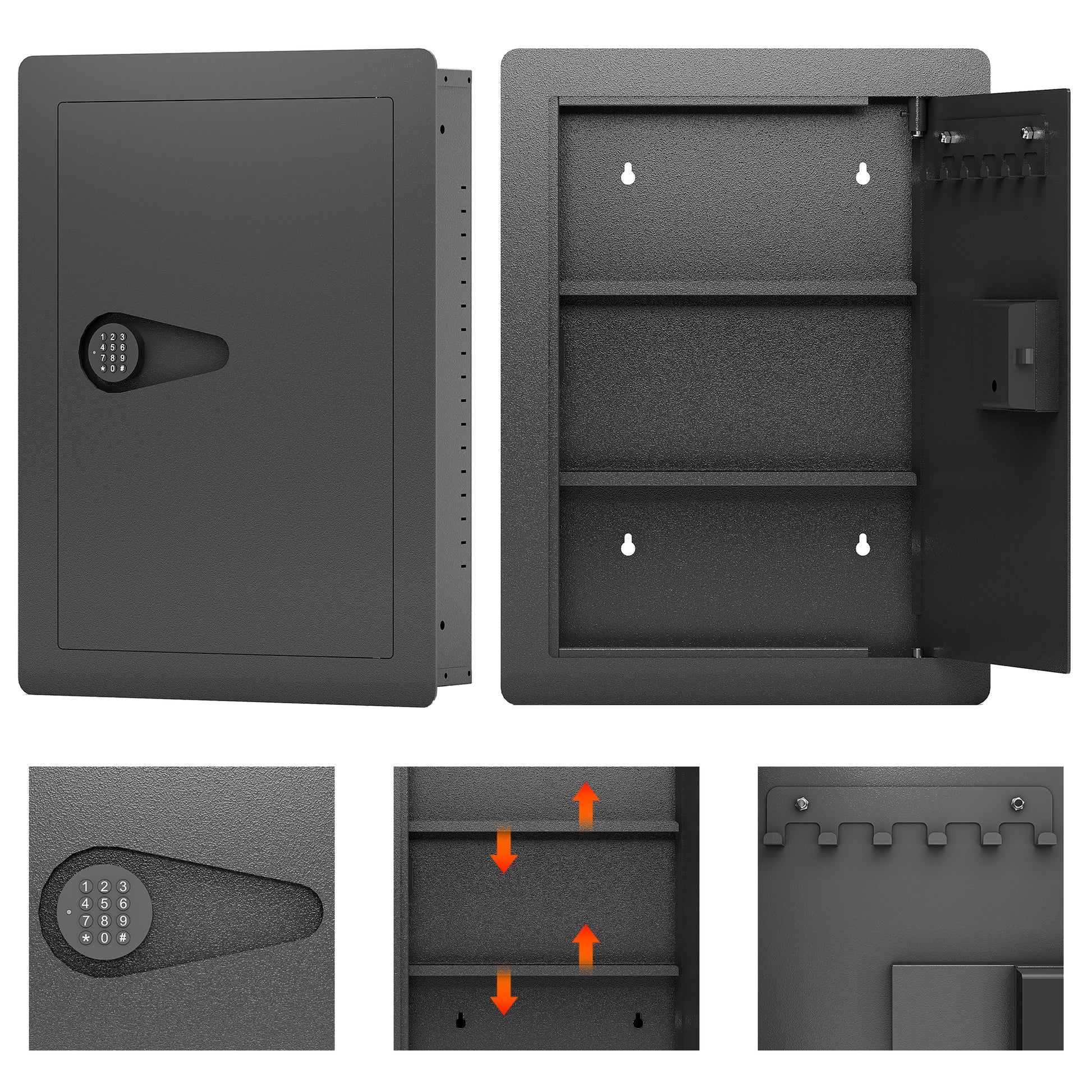 Black wall safe with digital keypad and interior shelves for secure storage