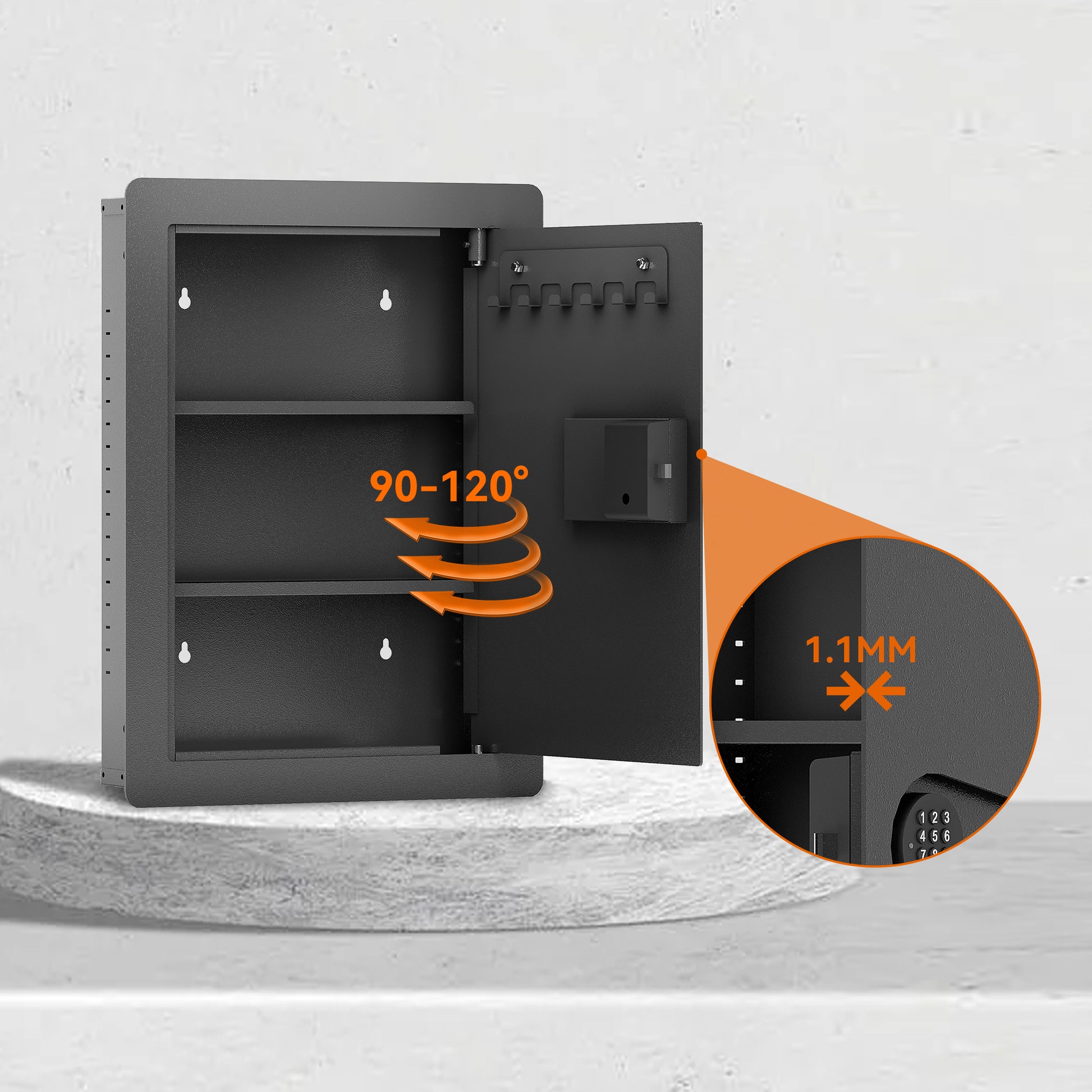 Black metal wall safe with key hooks adjustable shelves and digital lock display