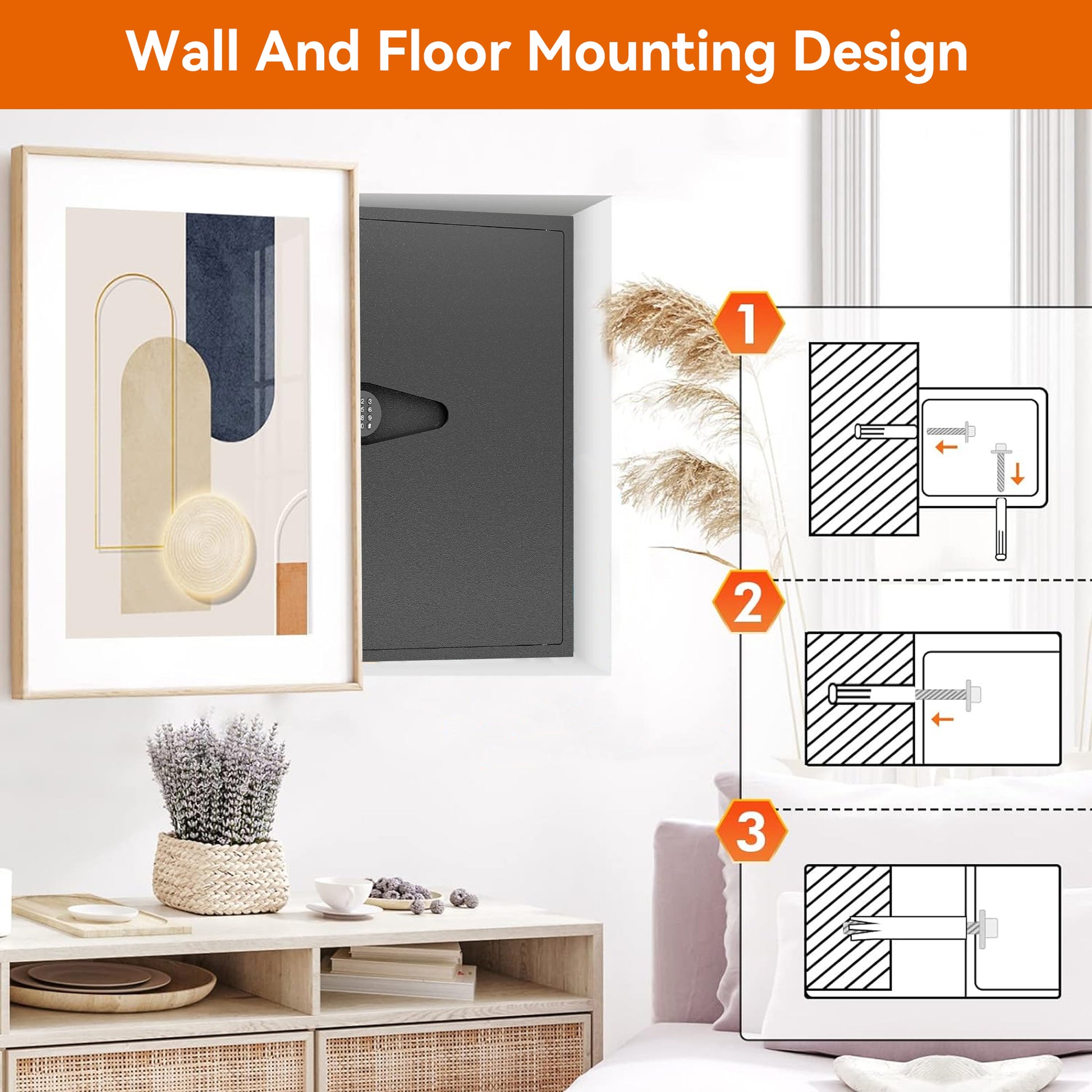 Dark gray wall safe with digital keypad designed for secure installation