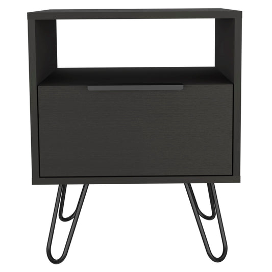 Dark gray bedside table with a single drawer and open shelf on hairpin legs
