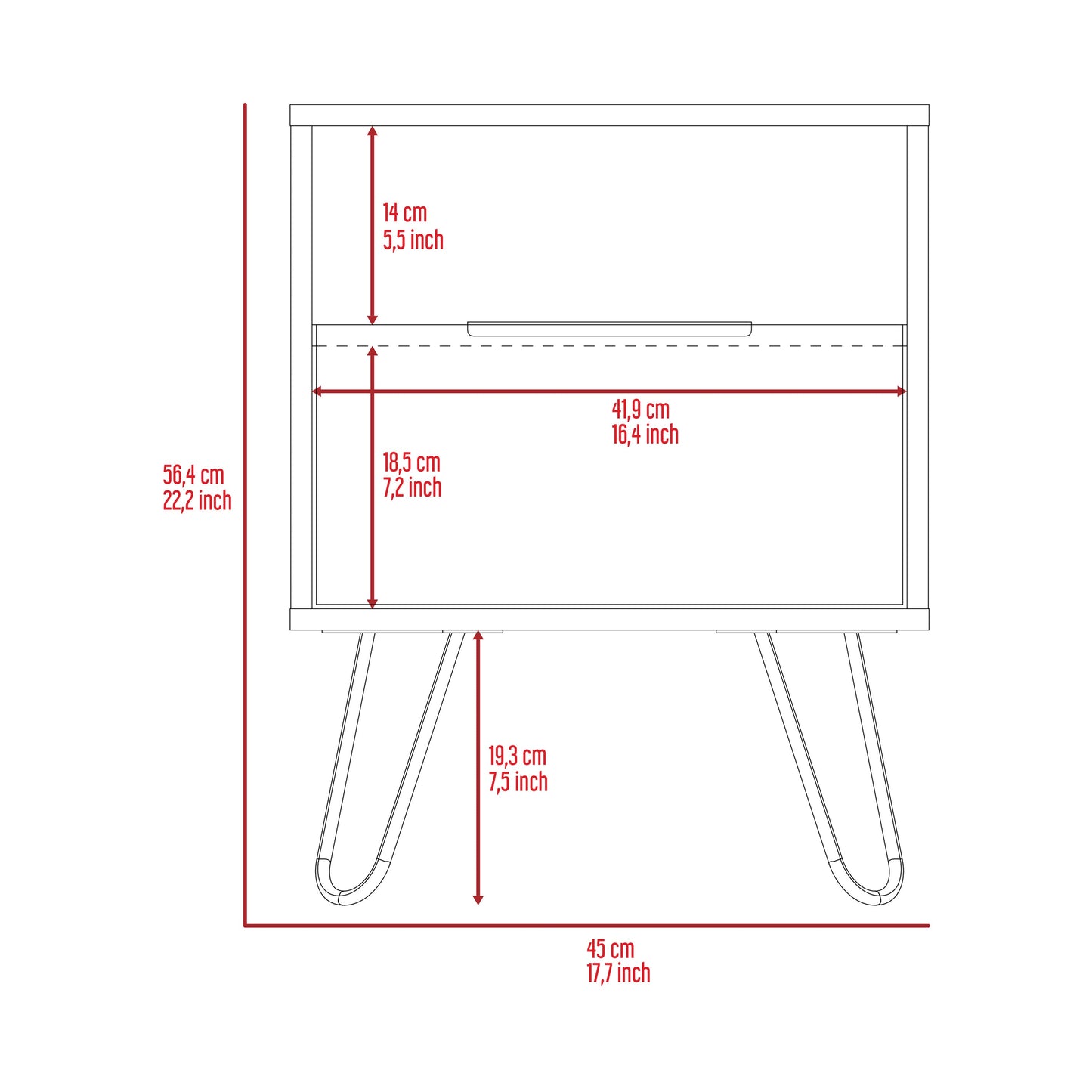 Line drawing of bedside table with dimensions