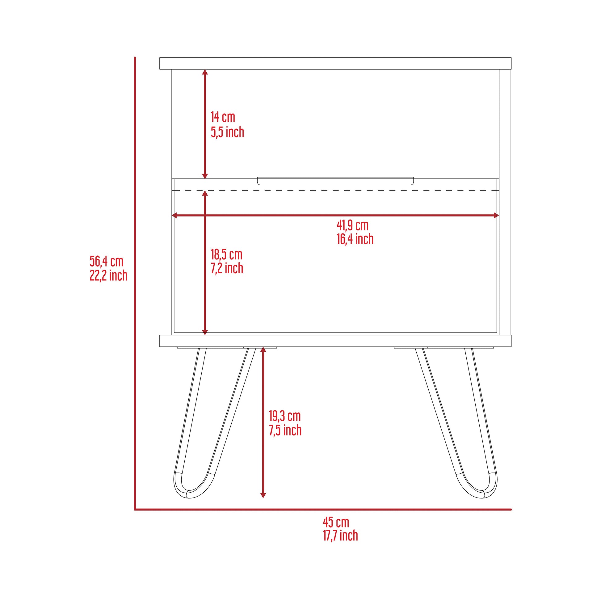 Line drawing of bedside table with dimensions