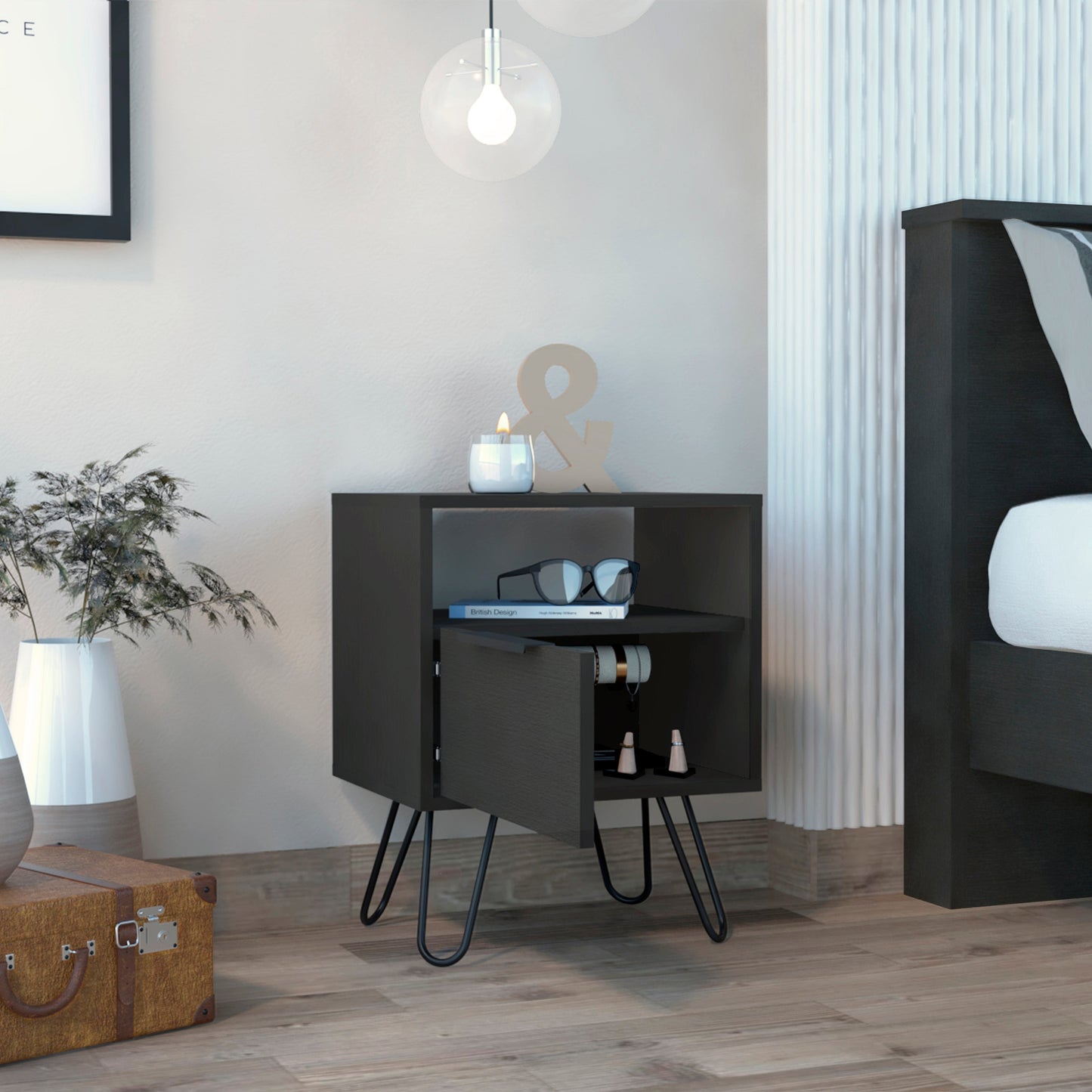Black wood bedside table with hairpin legs and open shelf