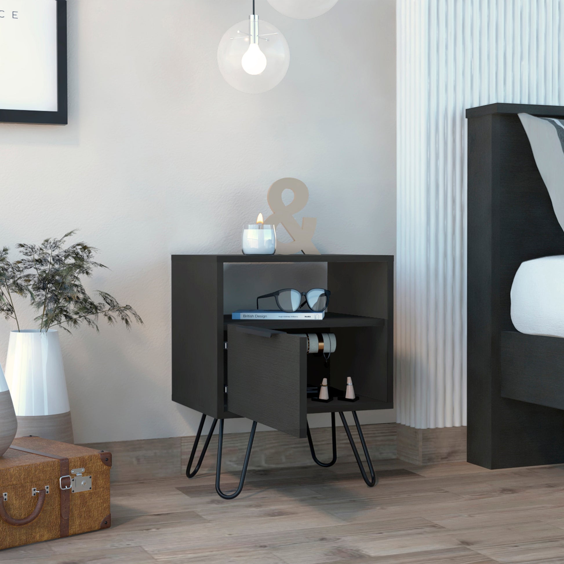 Black wood bedside table with hairpin legs and open shelf