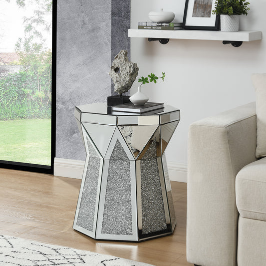 Octagonal mirrored end table with crushed crystal inlay and modern design