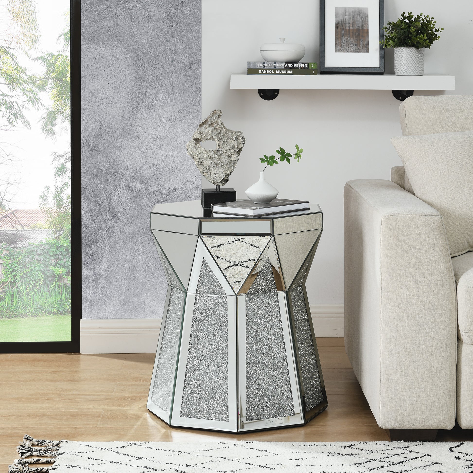 Glamorous crushed diamond accent table with mirrored panels perfect for modern living rooms