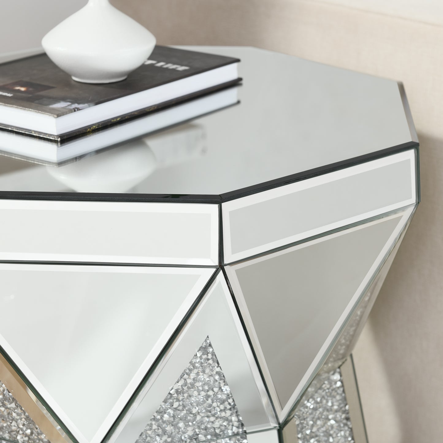 Geometric mirrored accent table with crushed diamond inlay detail