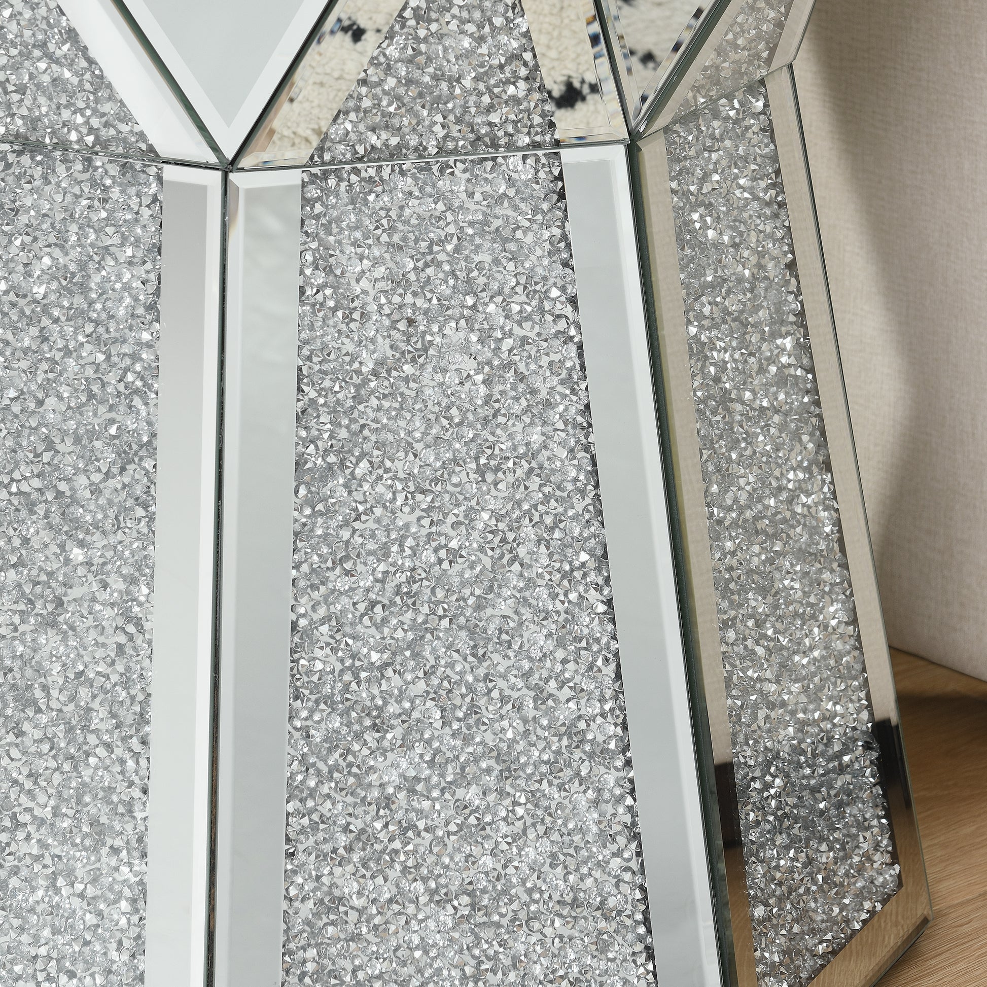 Glamorous crushed diamond mosaic side table with mirrored accents elegant home decor