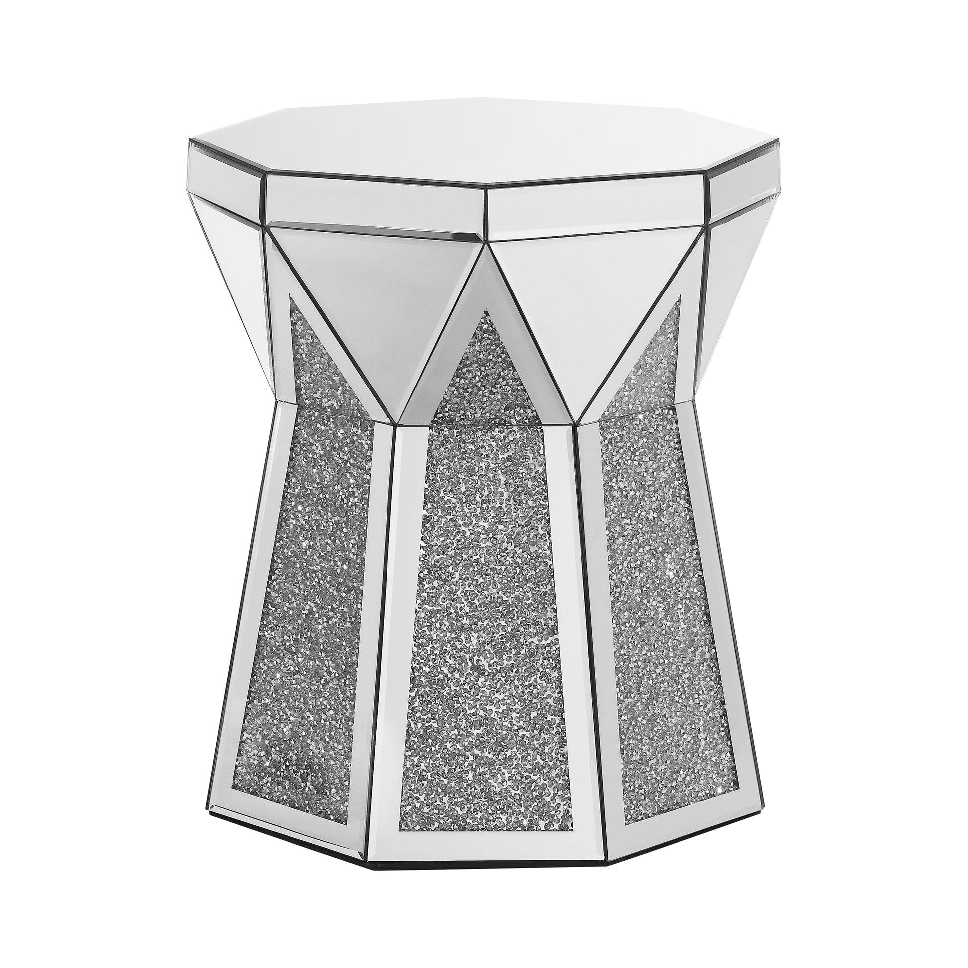 Mirrored hexagonal accent table with crushed diamond inlay and silver trim