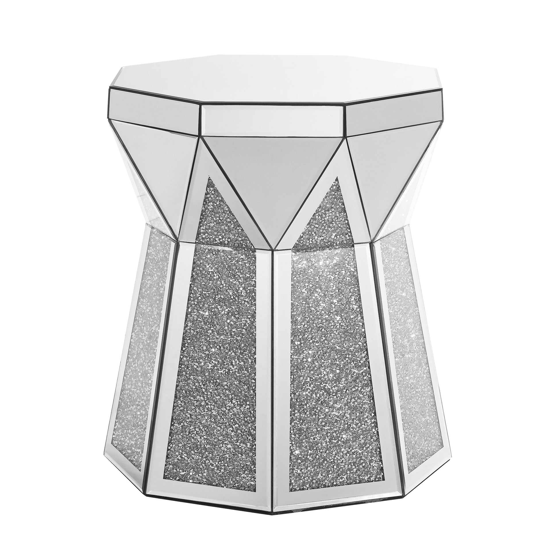 Glittering hexagonal mirrored end table with crushed diamond inlay and reflective panels