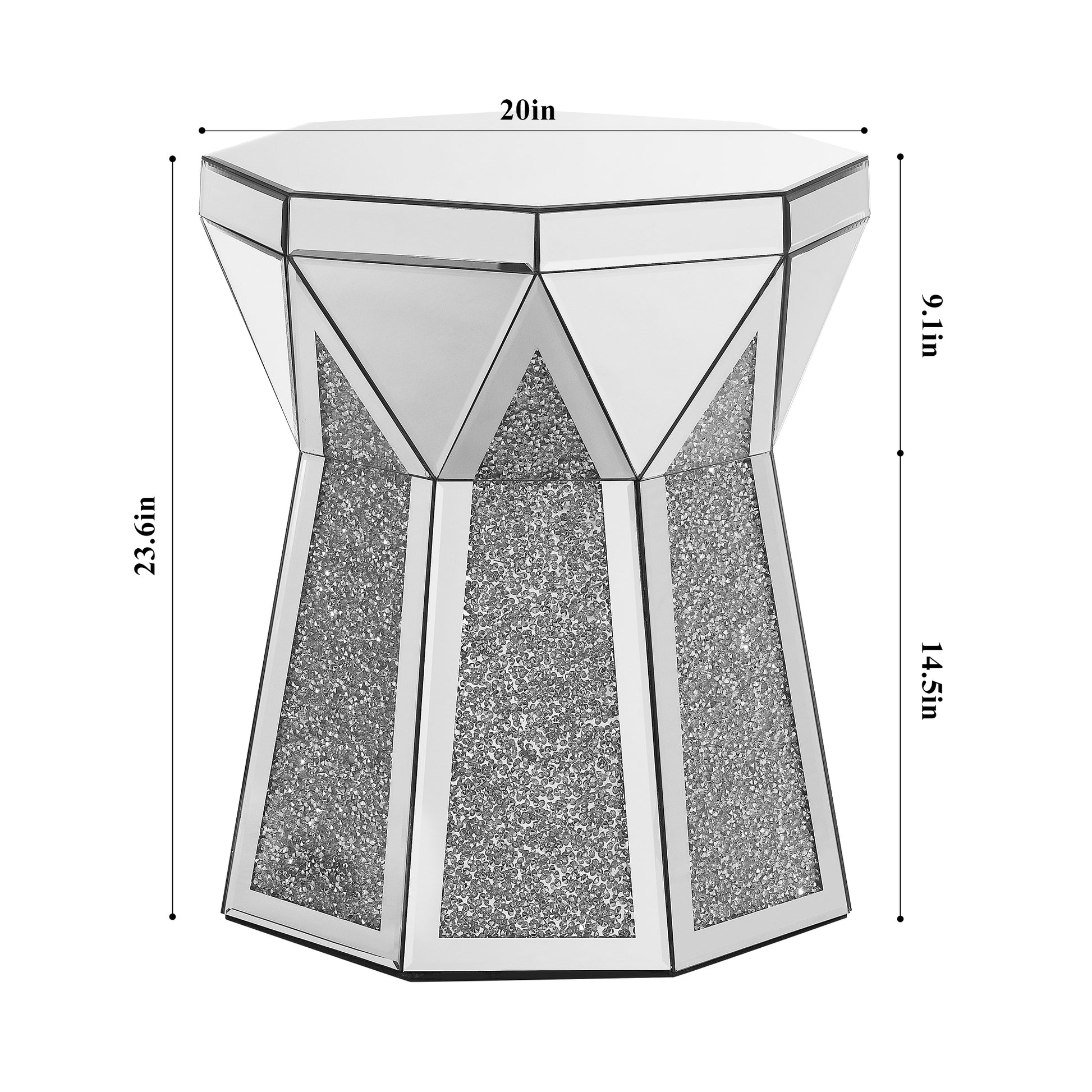 Mirrored hexagonal side table with crushed diamond crystal accents for a glamorous living room