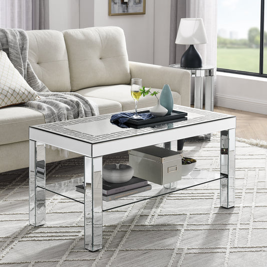Mirrored coffee table with geometric inlay glass shelf and chrome legs in a living room setting