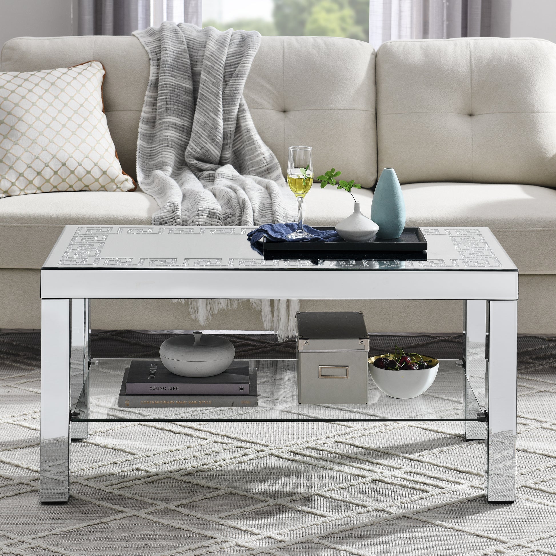 Mirrored coffee table with crystal mosaic inlay perfect for modern living rooms